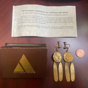 Gold PRE-COLUMBIAN (Walking Sun) Dangle Screwback Earrings - Vintage Alva Museum Replicas - Original Box and Paperwork