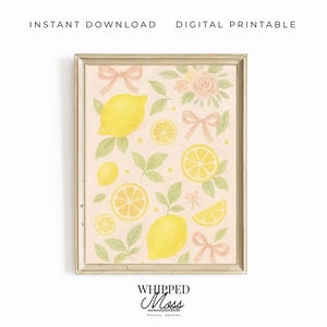 Stampa artistica di limoni, limoni e fiocchi, arte da parete vintage, decorazione da parete per cucina, stampa di limoni carini, download digitale, decorazione da parete rosa Coquette, Italia