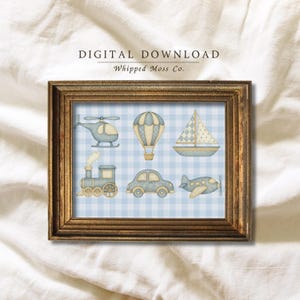 Blue Gingham Transport Print: Watercolor Nursery Art (Digital Download)