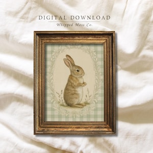 Pastel Bunny Nursery Print: Vintage Gingham Rabbit Wall Art (Digital Download)