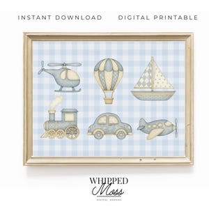 Vintage voertuig kunst jongen kinderkamer kunst trein boot heteluchtballon helikopter auto vliegtuig wordt afgedrukt vervoer decor kinderkamer digitale afdrukbare