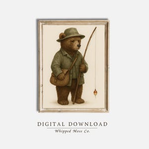 Vintage Fishing Bear Print: Rustic Watercolor Woodland Nursery Art (Digital Download)