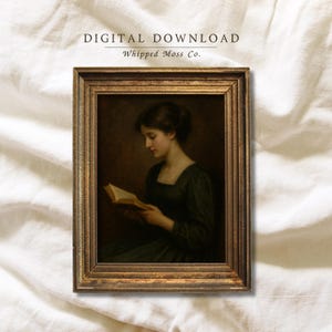 Vintage Lady Reading Print – Dark Academia Portrait Wall Art, Victorian Woman with Book, Classic Oil Painting Style Digital Download