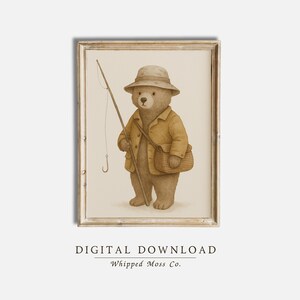 Vintage Fishing Bear Print: Rustic Woodland Nursery Art (Digital Download)