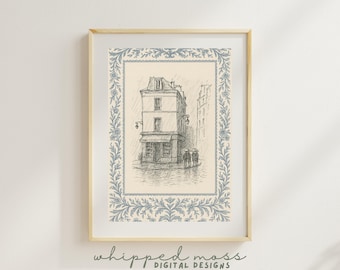 Paris Street Sketch Print | French Café Wall Art | Vintage Paris Drawing