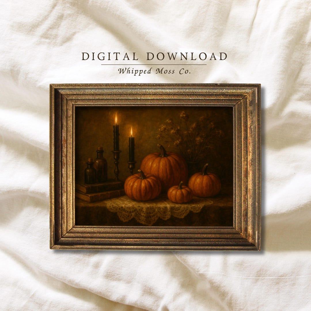 Vintage Pumpkin Still Life Art Print | Dark Autumn Candle Painting ...