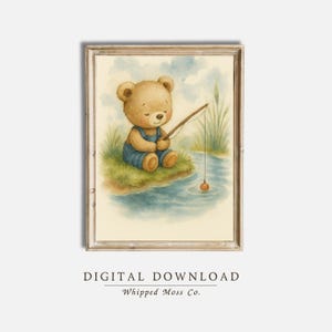 Watercolor Teddy Bear Fishing Print: Rustic Woodland Nursery Art (Digital Download)
