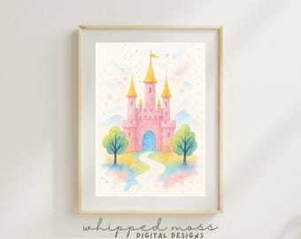 Watercolor Princess Castle Print: Pastel Fairytale Nursery Decor (Digital Download)