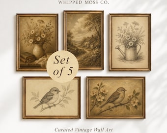 Vintage Wall Art Prints: Set of 5, Rustic Cottagecore Decor (Digital Download)