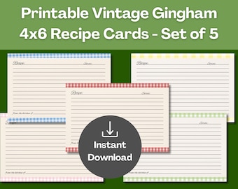 Vintage Gingham Recipe Cards | Set of 5, Rustic Cooking (Digital Download)