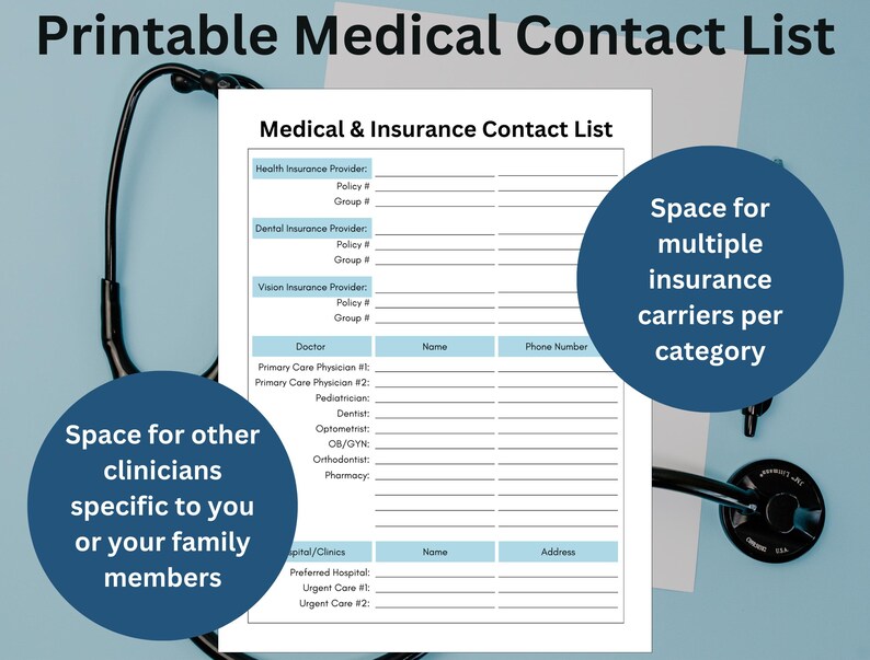 Medical Contacts List Printable, Healthcare Contacts, Doctor Contacts ...