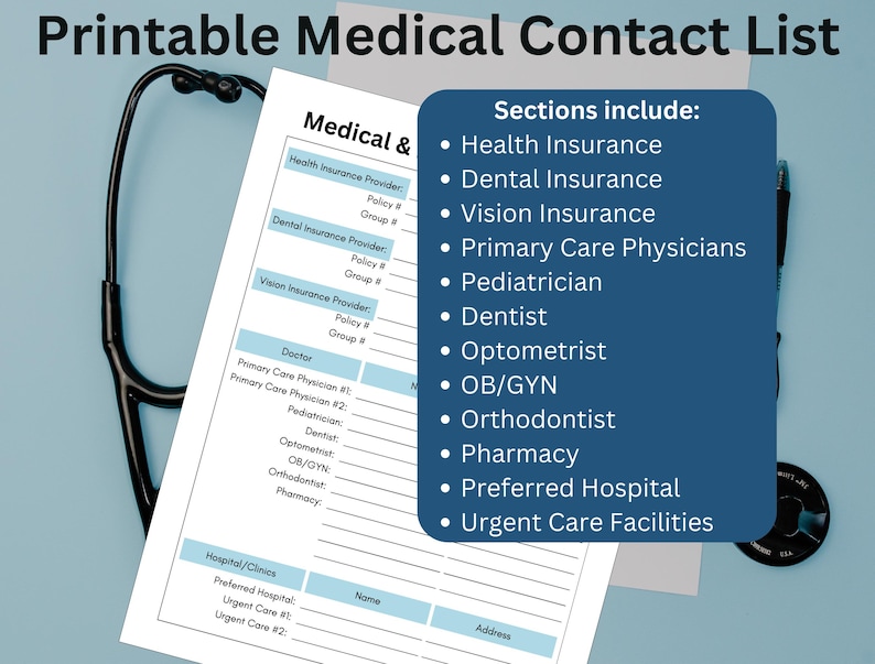 Medical Contacts List Printable, Healthcare Contacts, Doctor Contacts ...