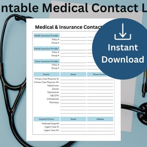 Medical Contacts List Printable, Healthcare Contacts, Doctor Contacts, Insurance Contacts List, Family Planner, Specialist Doctors Contacts