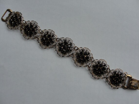 Antique Art Noveau Filigree gold gilt & Floral cluster garnet bracelet