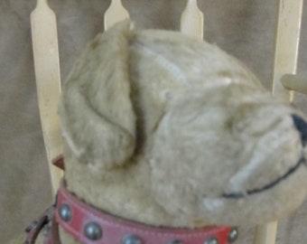 Antique Early 1900's Japanese Mohair Dog with Red Collar and Harness