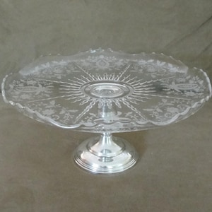 Vtg 1950&#39;s New Martinsville Wild Rose Cake Plate/sterling Pedestal Base
