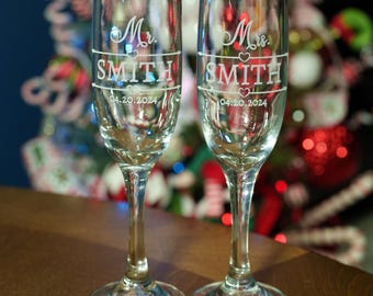 Set of 2 Custom Laser Etched Wedding Champagne Flutes