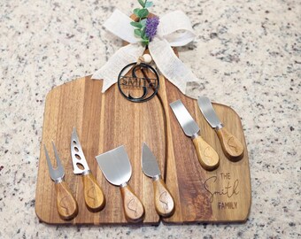 Personalized Acacia Wood Cheese Board Set, Engraved Knives, Housewarming Gift