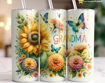 Grandma 20 oz Skinny Tumbler sublimation design, Flowers butterfly Watercolor floral digital PNG Straight tumbler wrap download