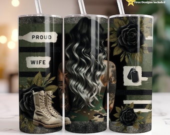 Military Wife Tumbler Wrap, Stivali militari, Moglie orgogliosa patriottica, 20 Oz Skinny Sublimation Tumbler Wrap Design digitale File PNG Download
