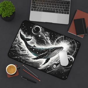 Desk Mat, Ocean Desk Pad, Nautical Mouse Pad,  Space Whale , Underwater Work Mat, Sea Life Desk Protector