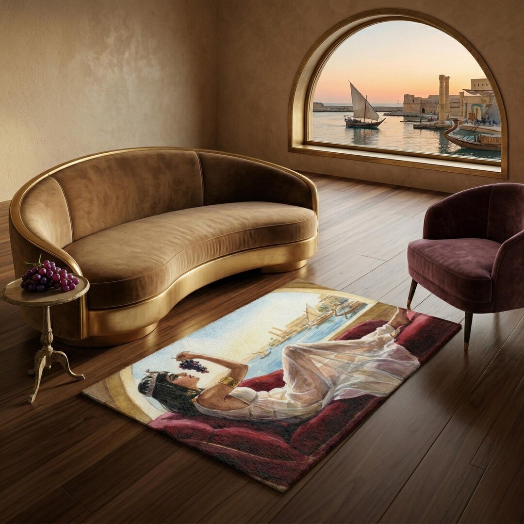 Vintage Cleopatra Lounge Painting Area Rug | Egyptian Woman Coastal ...