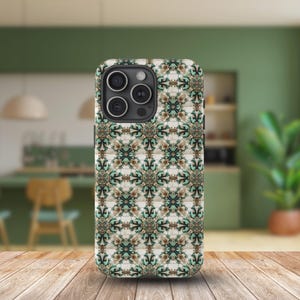 セラミック製スマホケース グリーンフローラルモチーフ、植物愛好家へのギフト、花柄ティーマグ、iPhone、Samsung、Google Pixel用ボタニカルスマホケース