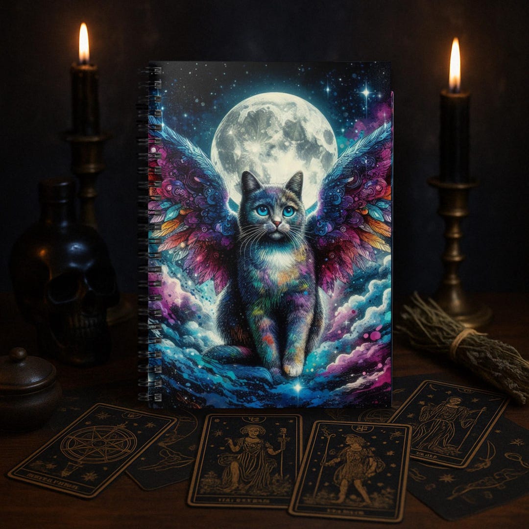 A Mystical Cat With Angel Wings Spiral Notebook , Witchy Cat Theme ...