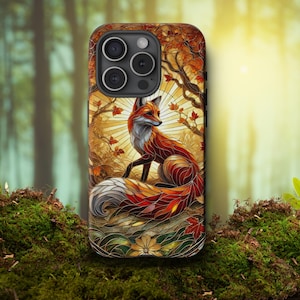Stained Glass Fox Phone Case, Fox Lover Tough Case, Fox Print Cell Phone Cover for iphone 8-16 Pro Max Mini Plus, Samsung and Google Pixel