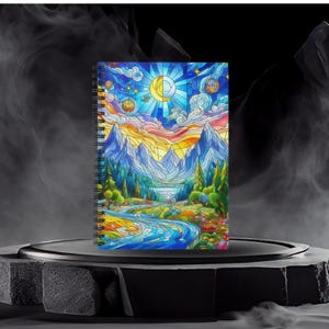 May include: A spiral bound notebook with a colorful stained glass design featuring a mountain range, a river, and a crescent moon. The design is reminiscent of a stained glass window.