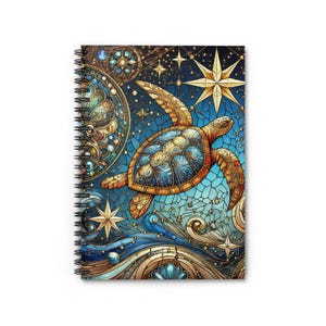 May include: A colorful mosaic design featuring a golden sea turtle swimming through a blue and gold starry night sky. The turtle is surrounded by swirling waves and stars.