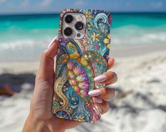 Sea Turtle Stained Glass  Magsafe Tough Cases, Turtle Case Phone, Sea Turtle Phone Case, Turtle Print iPhone Cover for iPhone 13-16 Series