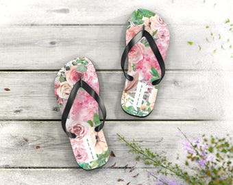 Personalized Floral Flip Flops, Custom Name Sandals, Watercolor Rose Print Beach Shoes, Bridesmaid Gift, Boho Summer Footwear