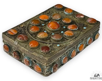 Antique Agate Inlaid Bronze & Brass Jewellery Box w Silvered Metal Filigree - C1800s 'Eternal Life Box?'