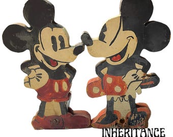 Mickey & Minnie Mouse Hand Carved Painted Door Stop Set - Vintage Collectable Home Decor - Disney Memorabilia - Boston C1940s