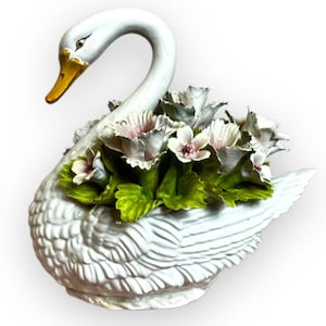 Vintage Porcelain Swan Centrepiece - Fine Ceramics - Swan Carrying Garden Flowers C1960s