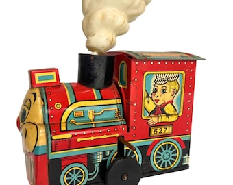Rare Antique Tin Toy Wind up Train | Celluloid Puff of Smoke Twirls Around!