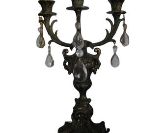 Antique Brass Italian BREVETTATO Rococo Candelabra – Baroque Style with 3 Arms & Crystals – Elegant Home Decor Piece