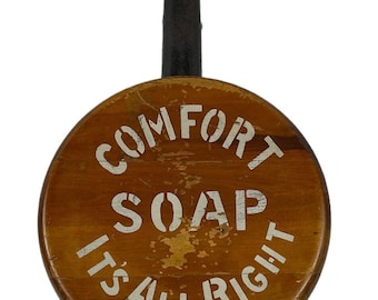 Antique Wood / Cast Iron Comfort Soap Canada Advertisement - Collapsing Barber Shop Telephone Booth Wall Mounted Stool C1920s