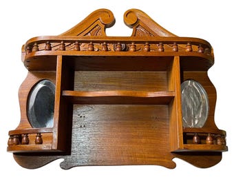 Vintage Solid Teak Hand Carved Wall Hanging Mirrored Shelf - Victorian Style Hall Shelf w Beveled Oval Mirrors - C1970s