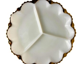 White Milk glass Scalloped 3 Part Serving Plate
