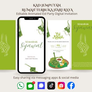 Bewerkbare Eid-opendeurdag digitale uitnodiging, Jemputan Rumah Terbuka Hari Raya Aidilfitri, aanpasbare EID-uitnodigingssjabloon, Eid E-Invite