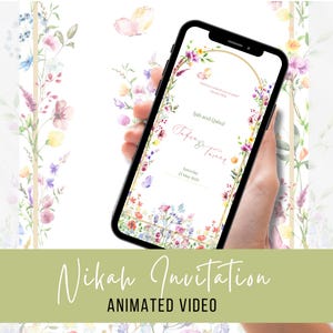 Digital animierte Video Hochzeitseinladung, Islamische Nikah Walima Invite, Sanfte Romantische Blumengarten Illustration, Bearbeitbare Canva Vorlage