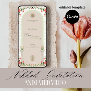 Digitale muslimische animierte Video Hochzeitseinladung, neutrales cremefarbenes Blumenaraberskenmotiv, islamische Nikah Walima einladen, bearbeitbare Canva Vorlage
