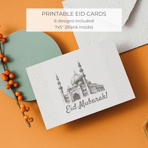 Cartões EID MUBARAK para impressão | Conjunto de 6 cartões para impressão em casa | Cartões de felicitações minimalistas | Cartões de felicitações islâmicos | Cartões digitais Eid Mubarak
