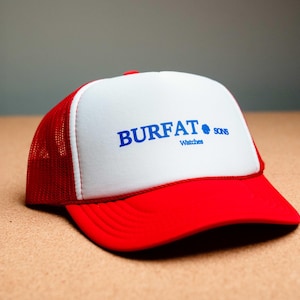 May include: A red and white trucker hat with a blue logo that says "Burfat & Sons Watches".