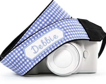 Personalized Camera Strap, Blue Gingham Check, for dslr, slr, mirrorless