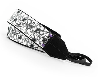 Poppy Floral Camera Strap, Black and White, dslr, slr, Mirrorless