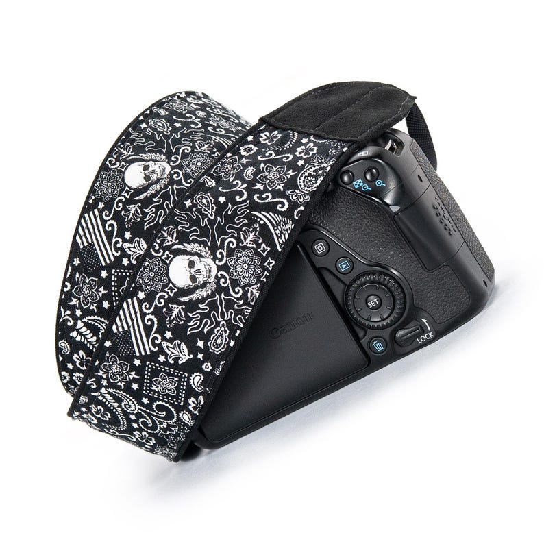 Black Bandana print universal fit Camera Strap skulls, flags in black and white handmade