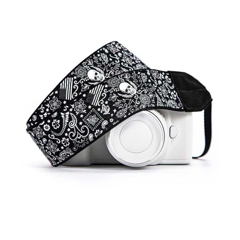 Black Bandana print universal fit Camera Strap skulls, flags in black and white handmade